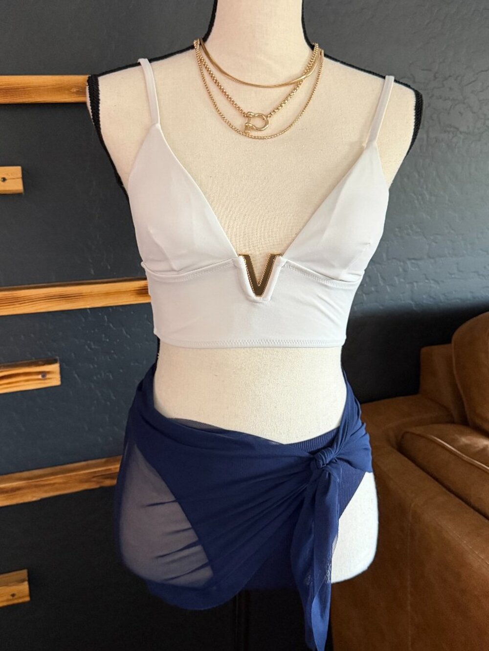 White & Blue Bikini with Sheer Coverup Skirt